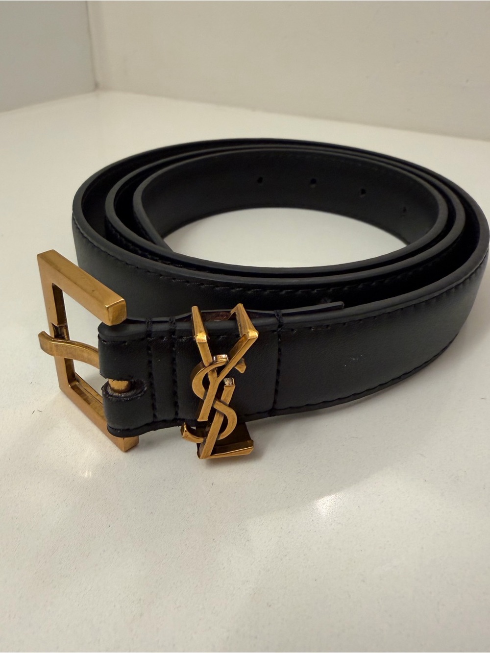 Saint Laurent Paris YSL Black Leather Belt with Gold Buckle